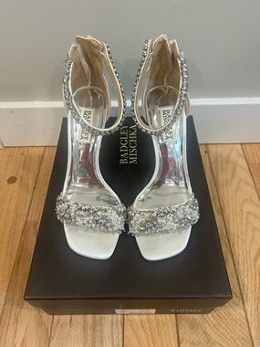 Badgley Mischka Fiorenza Silver Crystal-Ankle Strap Heels